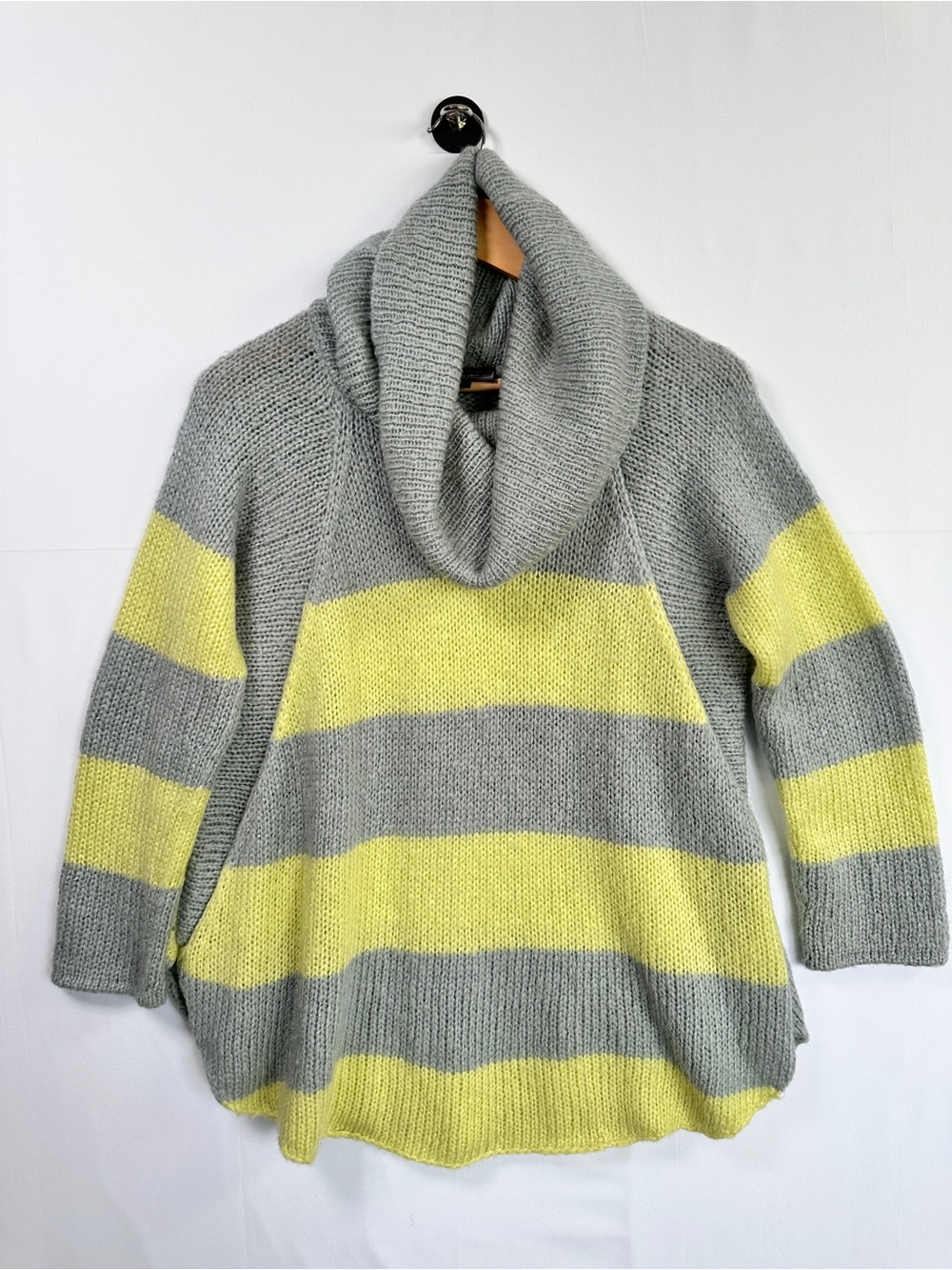 Wooden Ships Gray & Yellow Mohair Wool Blend Striped Cowl Neck Sweater